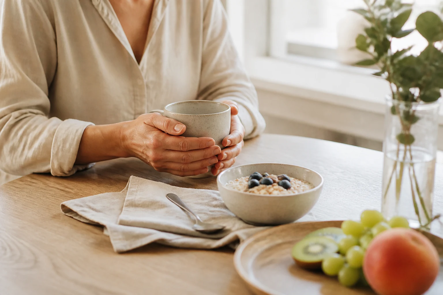 Achtsame Morgenroutine mit warmem Getränk und ausgewogenem Frühstück